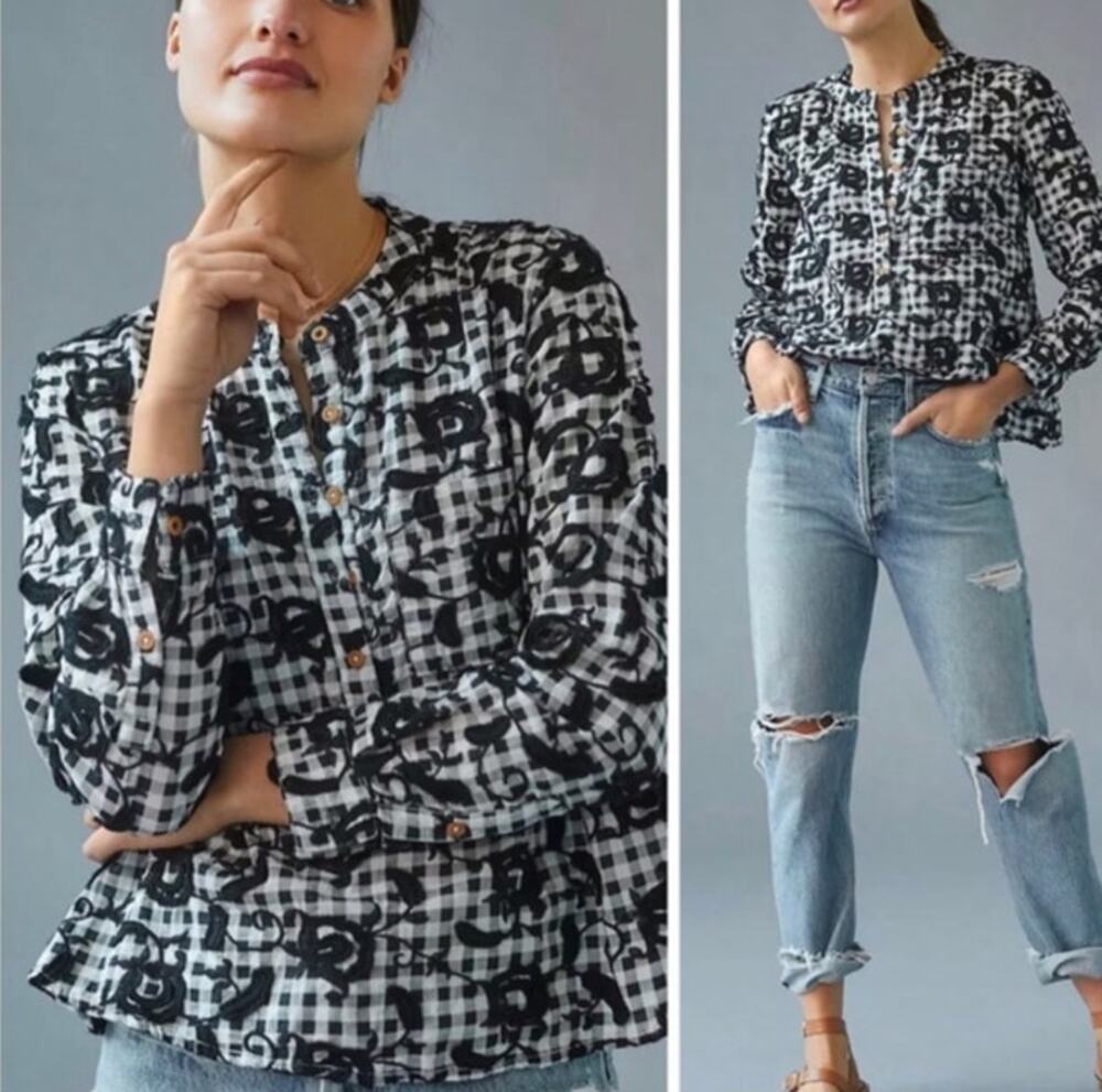 Anthropologie Pilcro Whitney Blouse Women Small Black White Gingham Embroidered
